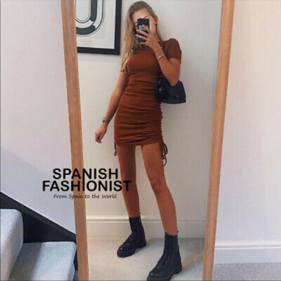 ZARA Ruched Short Ribbed Tee Shirt Side Tie Bodycon Mini Dress Rust Brown L - Picture 5 of 16